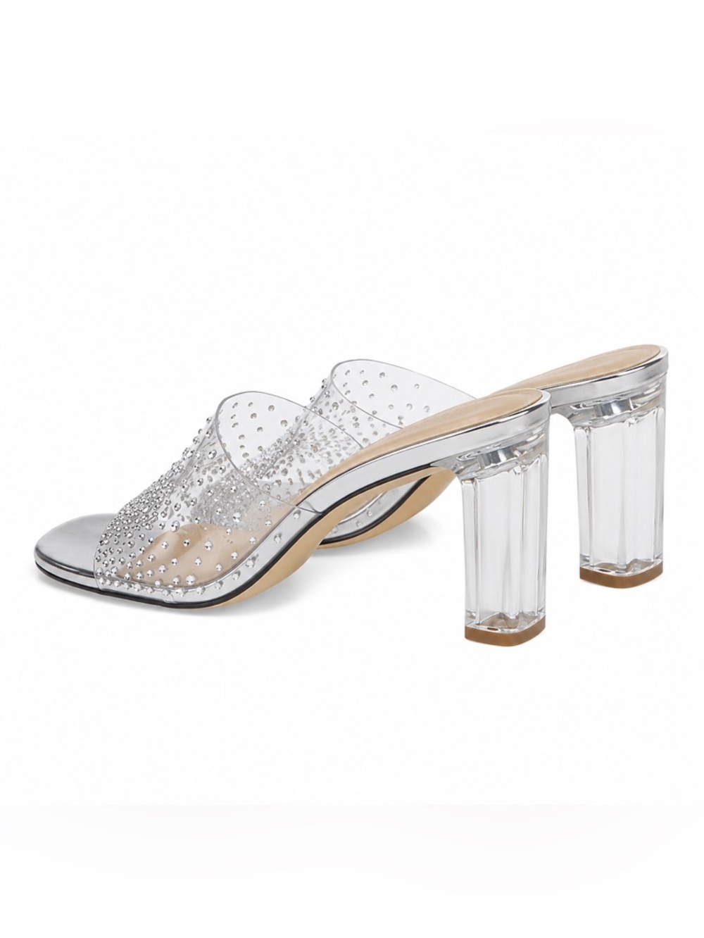New In Box Clear Rhinestone Embellished Slide Block Heels - Picture 2 of 3